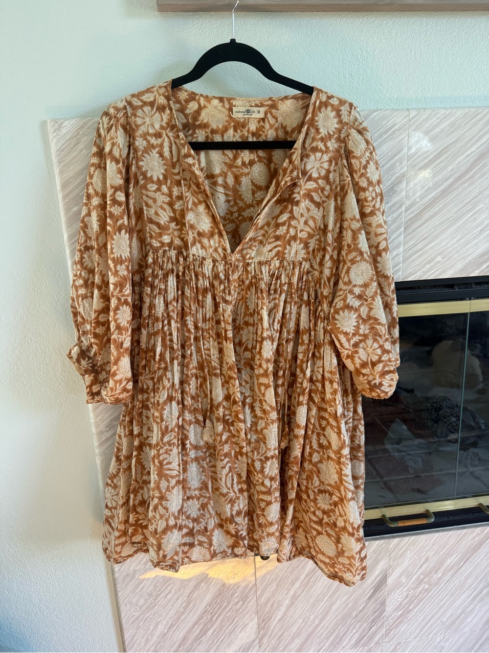 NATURAL LIFE Rust and Cream Floral V-Neck Tiered Mini Dress/ tunic